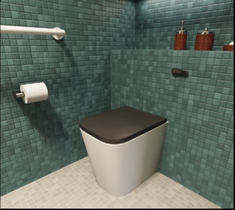 Tonally contrasting WCs can aid recognition,, whilst visually and physically accessible grab rails can support users experiencing challenges with mobility, balance, or awareness of the wider environment.